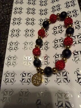 Rustic Cuff Red Crystal and Black Matte Bead Bracelet with Gold Charm